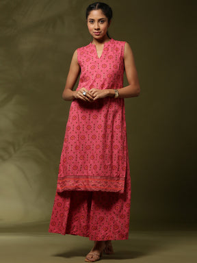 Geometric floral printed 2pc kurta set-coral