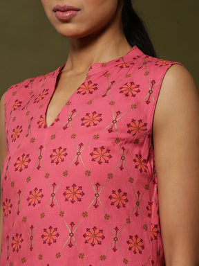 Geometric floral printed 2pc kurta set-coral