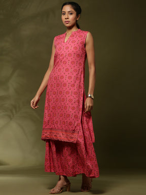 Geometric floral printed 2pc kurta set-coral