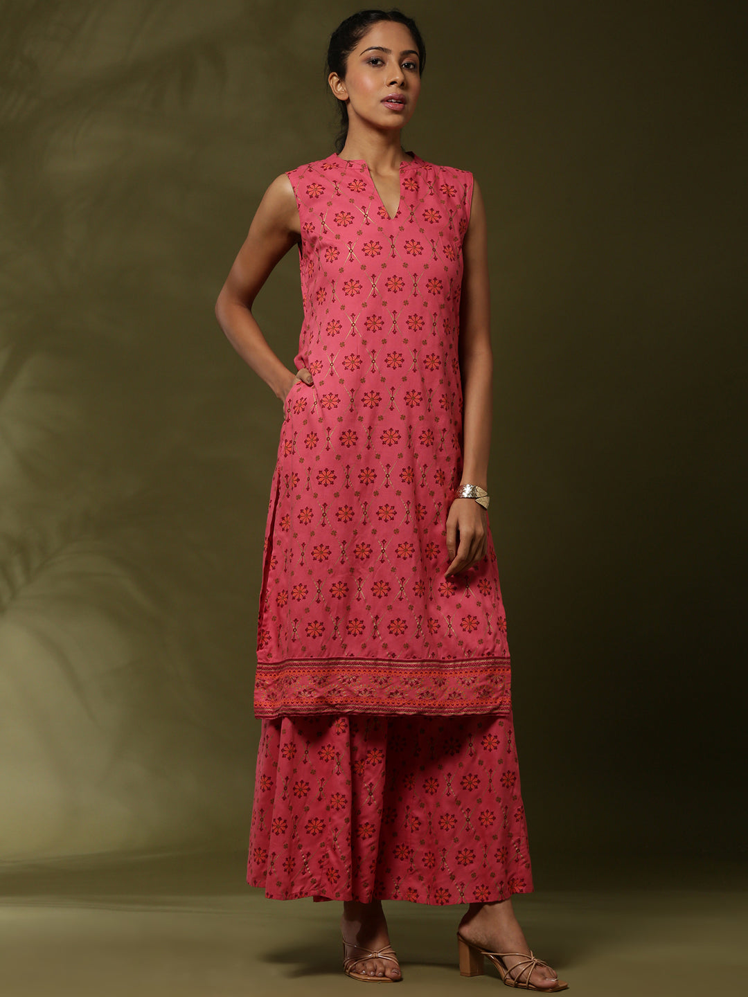 Geometric floral printed 2pc kurta set-coral