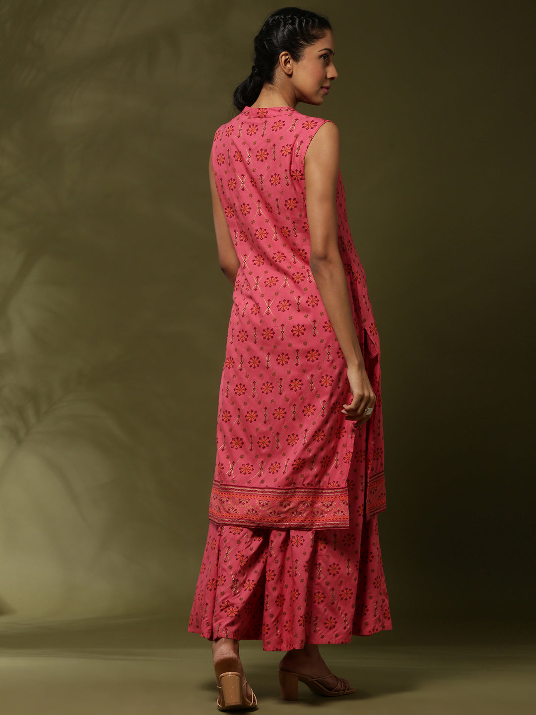 Geometric floral printed 2pc kurta set-coral