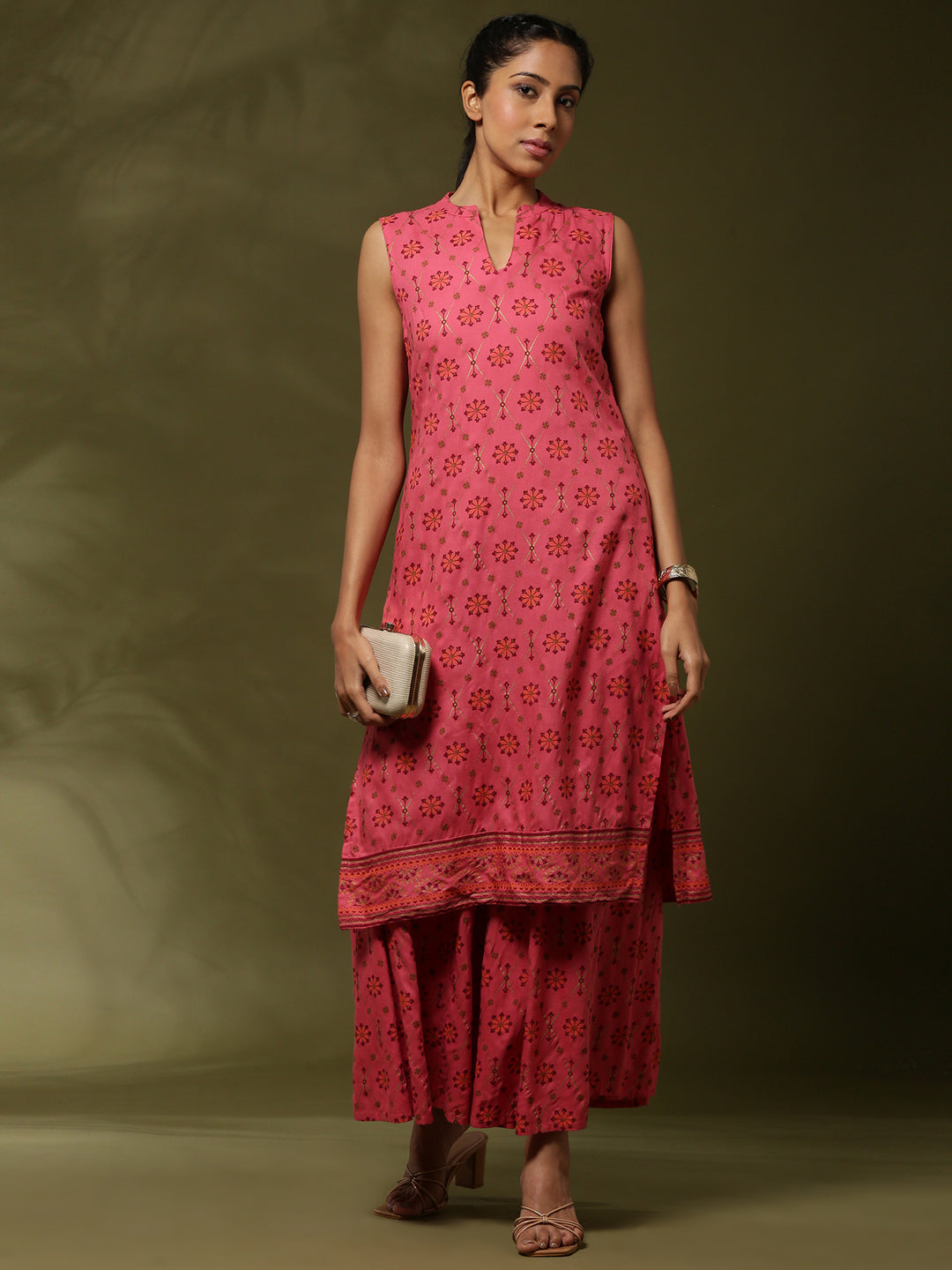 Geometric floral printed 2pc kurta set-coral