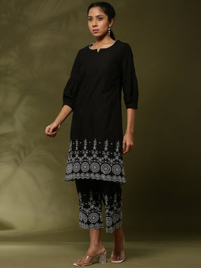 Schiffli 2pc kurta set- black