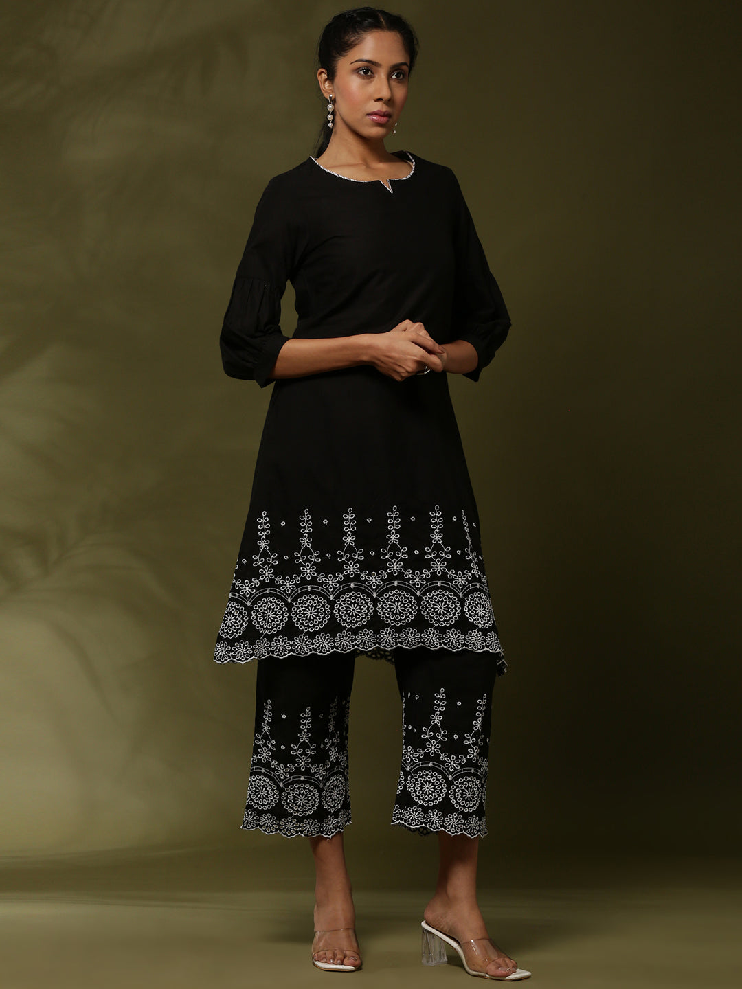 Schiffli 2pc kurta set- black