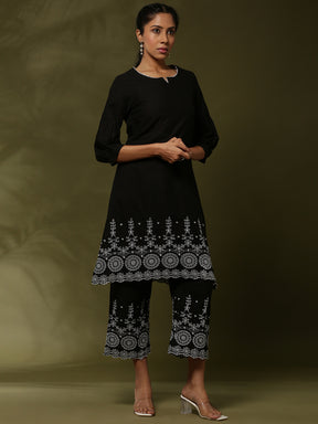 Schiffli 2pc kurta set- black