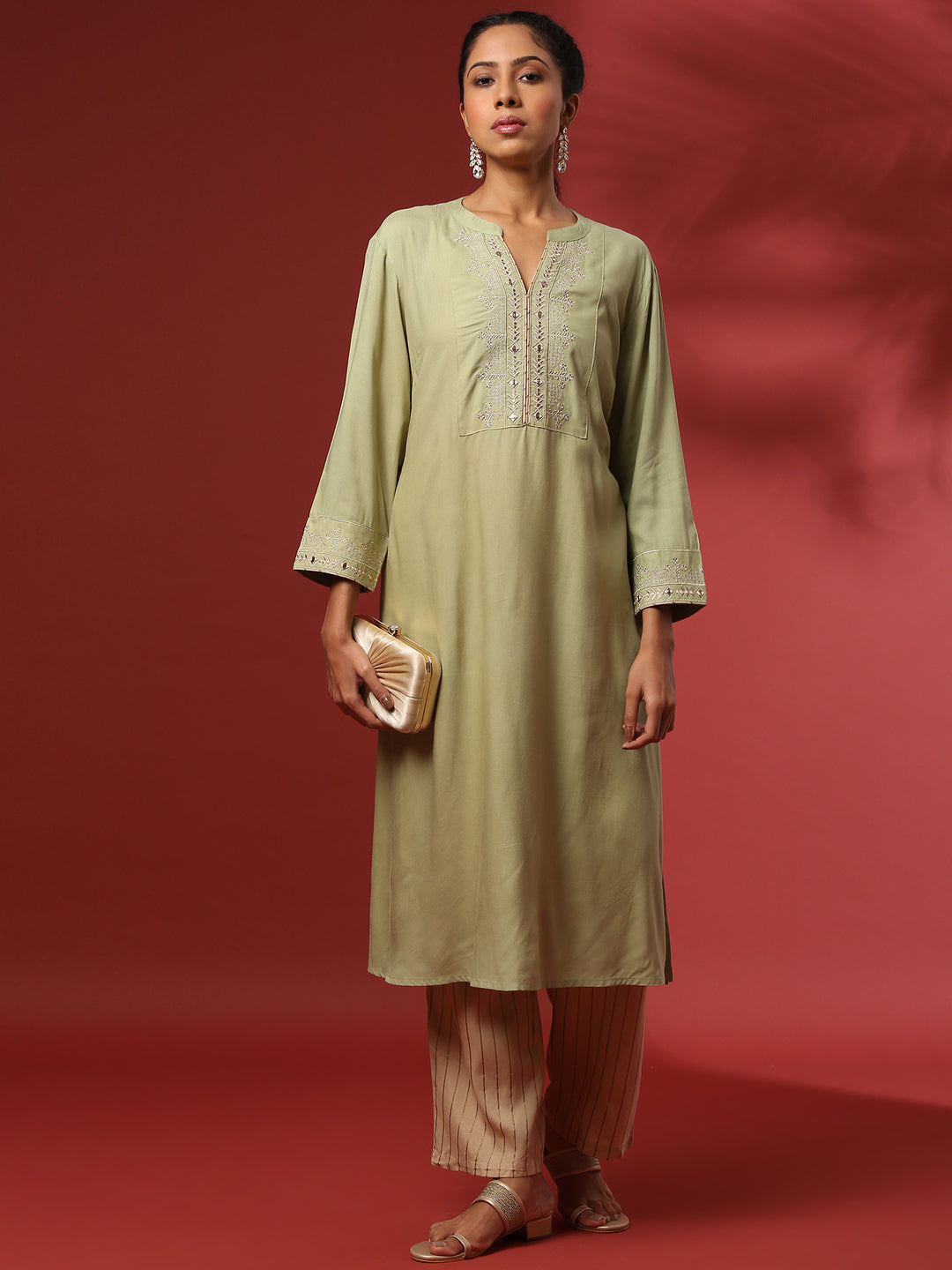 Zari embroidered kurta-mint