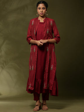 solid 3pc kurta set with embroidered jacket-maroon