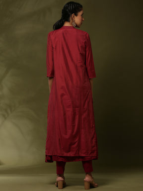 solid 3pc kurta set with embroidered jacket-maroon