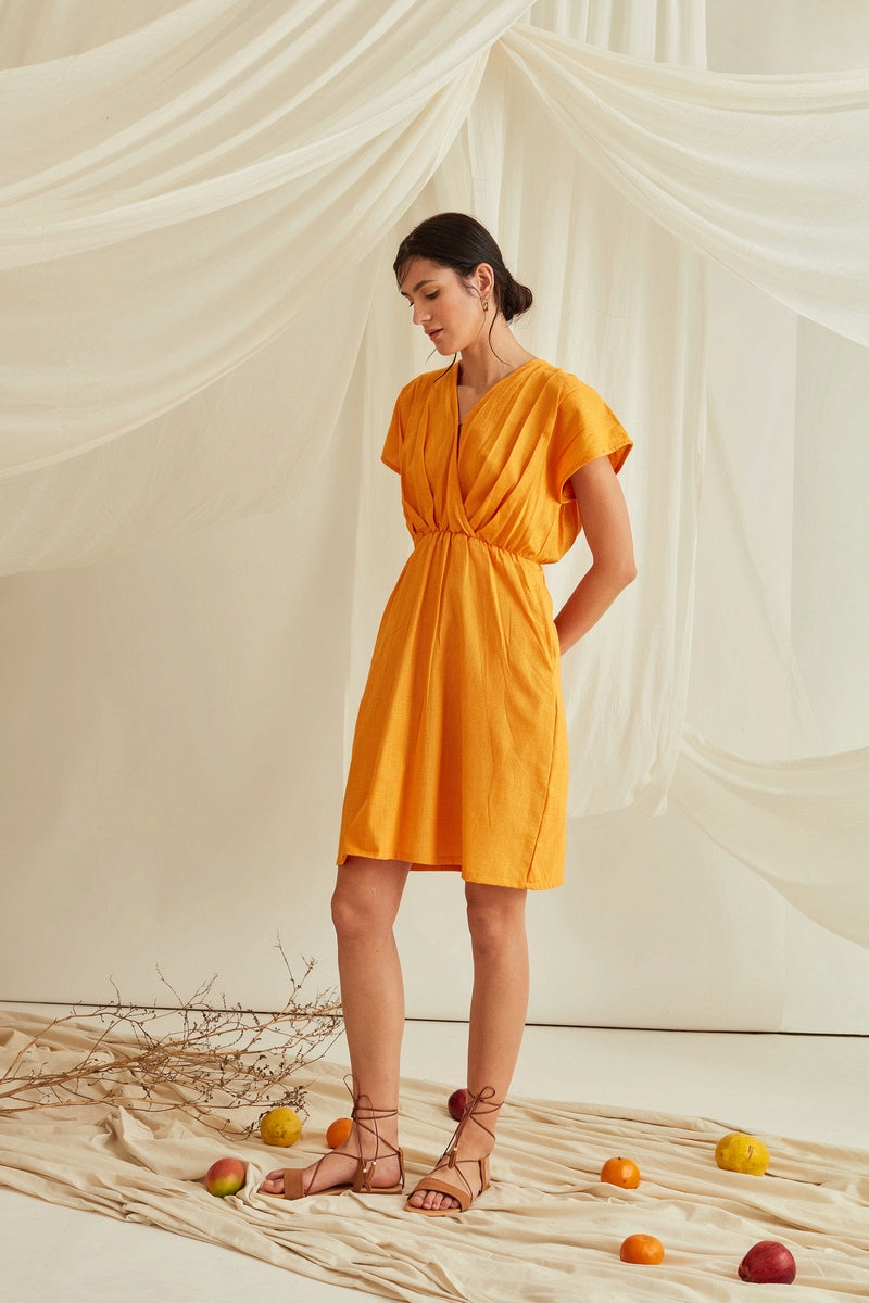 Overlapping pleated front mini dress-Oriole Orange