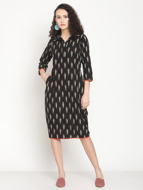 Midnight Black Butterfly Neck Ikat Tulip Dress