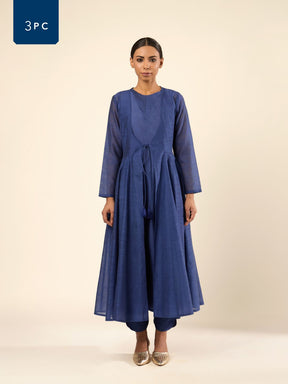 Baranasi Silk Pintuck Kurta Set Embraced by a Sheer Jacket-  Navy Blue