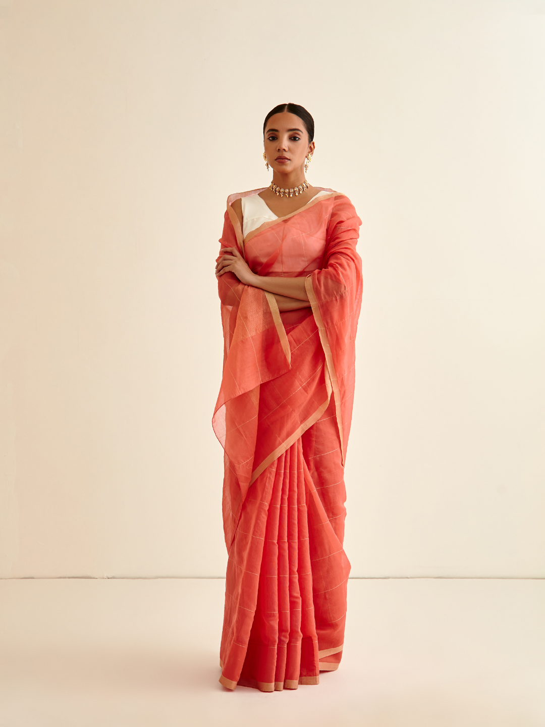 Banarasi Woven zari Plaid pattered sari-Coral pink