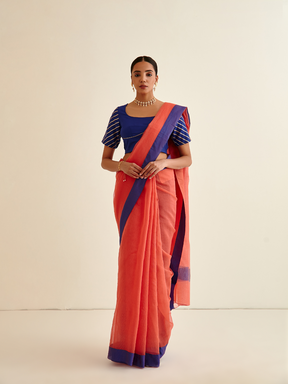 Banarasi woven sari with contrasting- Dark Coral Pink