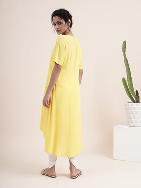 Yellow Kurta with pleat sewn from neckline