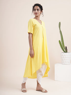 Yellow Kurta with pleat sewn from neckline