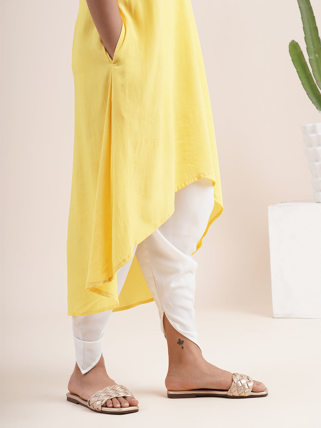 Yellow Kurta with pleat sewn from neckline