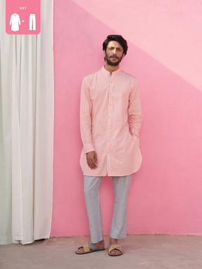 Mandarin collar pink gingham checks kurta with straight pants