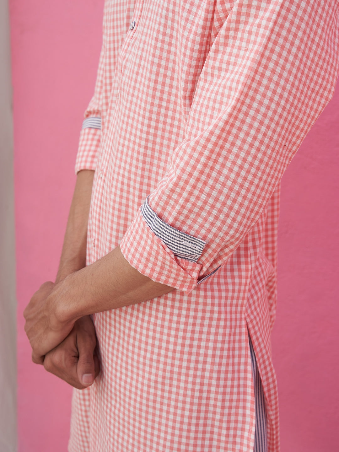 Mandarin collar pink gingham checks kurta with straight pants