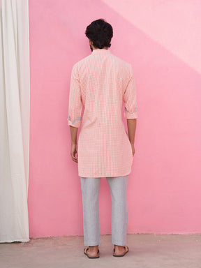 Mandarin collar pink gingham checks kurta