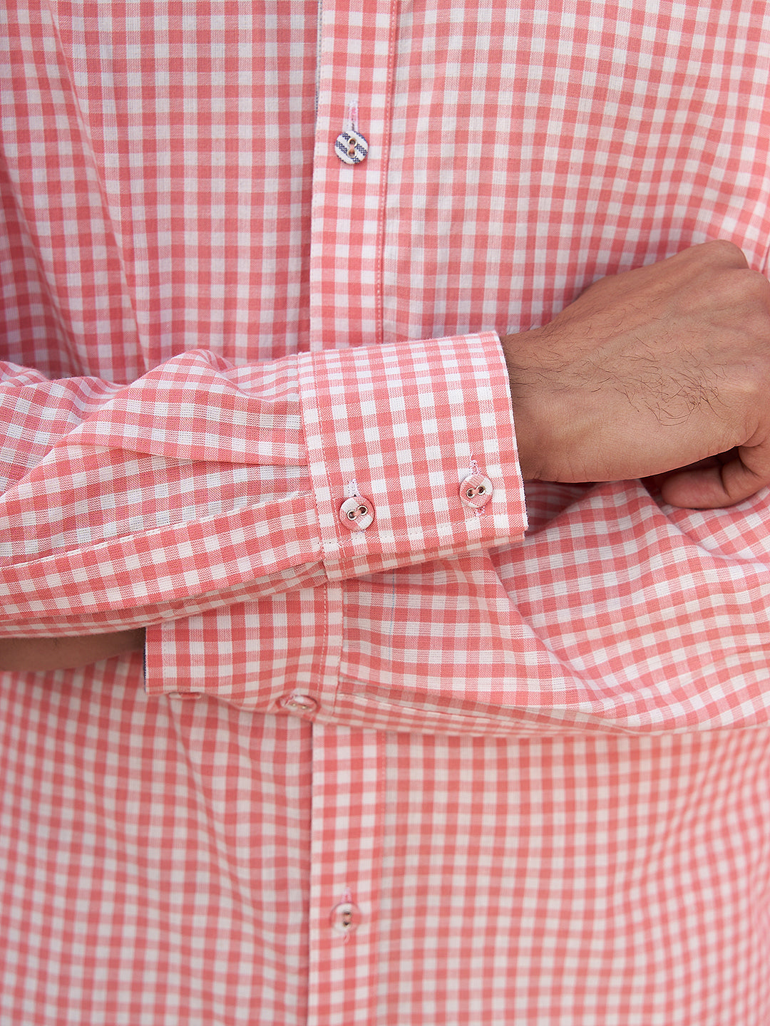 Mandarin collar pink gingham checks kurta with straight pants