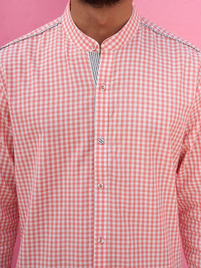 Mandarin collar pink gingham checks kurta with straight pants