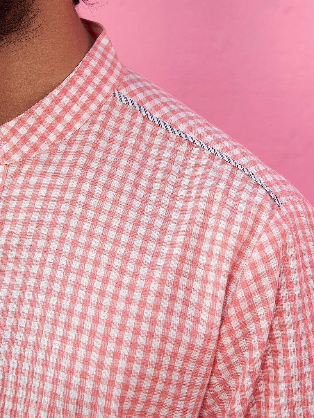 Mandarin collar pink gingham checks kurta