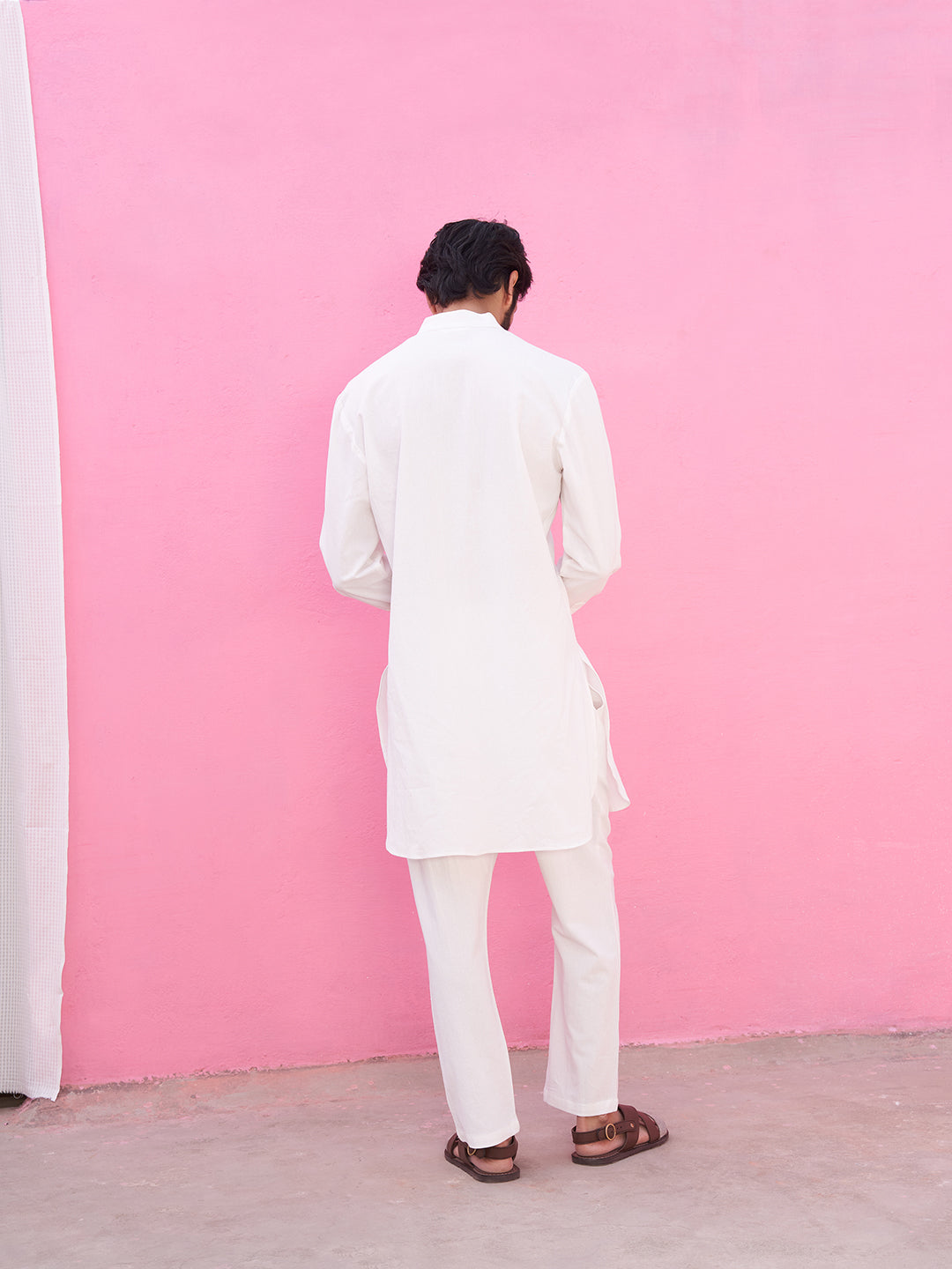 White mandarin collar kurta with Striped Piping