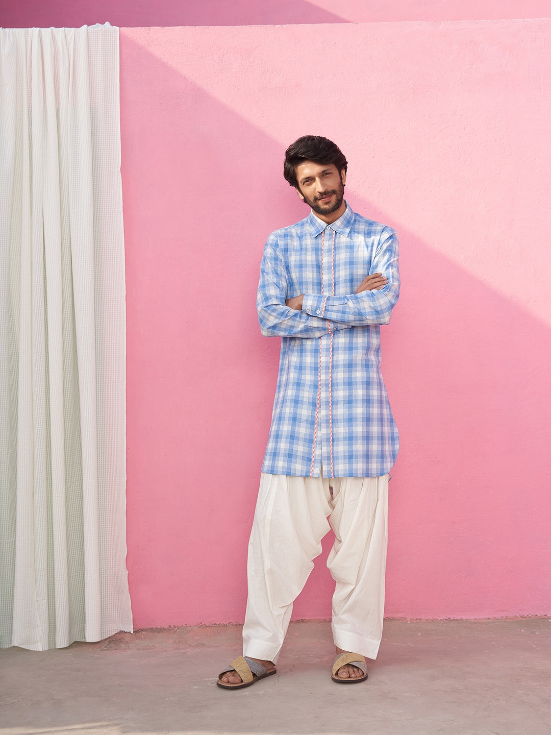 Classic collar blue kurta with gingham checks piping