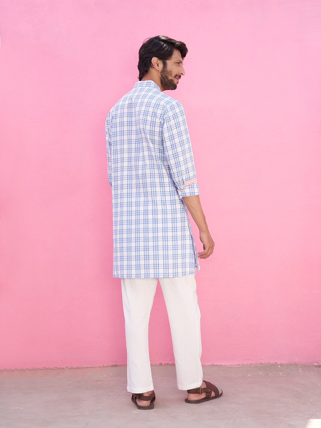 Mandarin collar blue plaid checks kurta