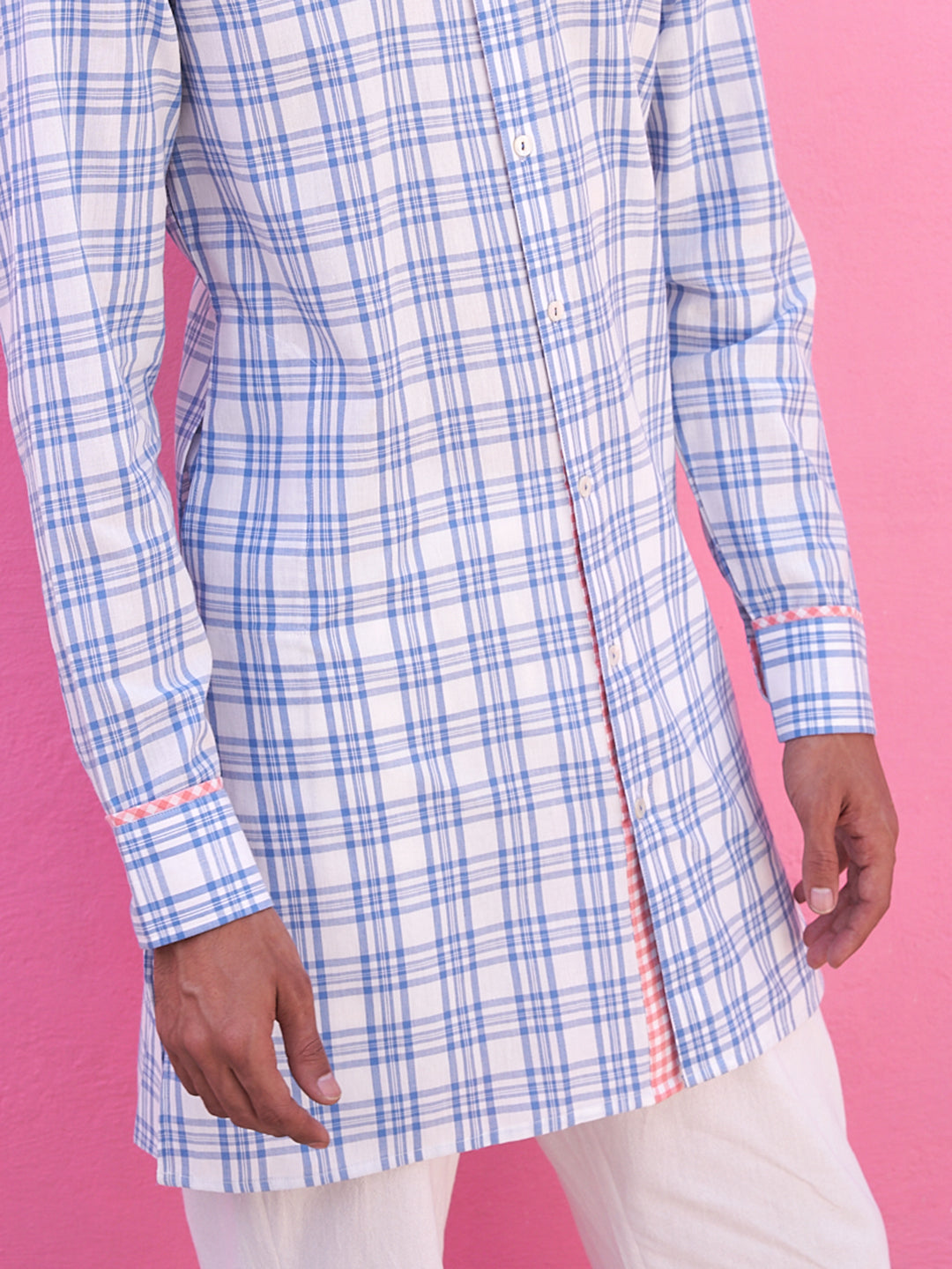 Mandarin collar blue plaid checks kurta