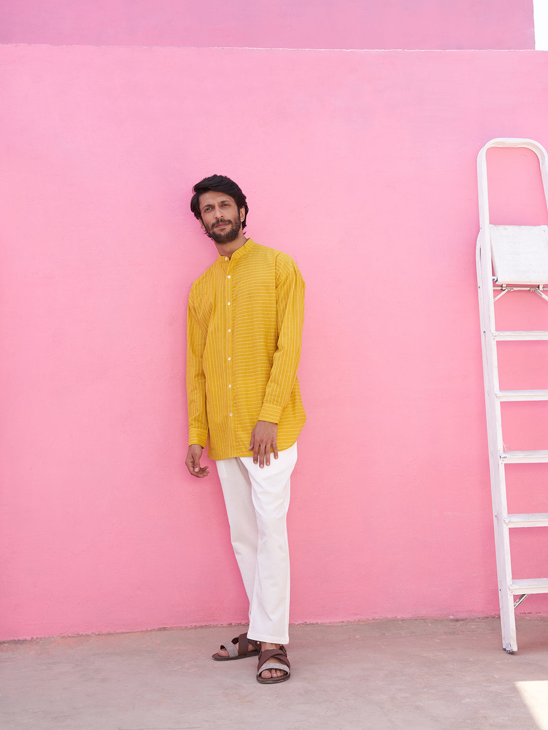 Mandarin collar kantha stripe yellow shirt