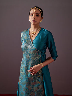 Banarasi zari angrakha kurta with dori tie up-Teal blue