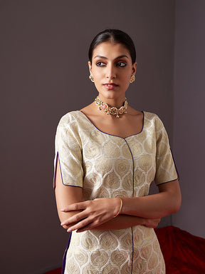 Banarasi zari kurta with contrasting piping-Pearl white