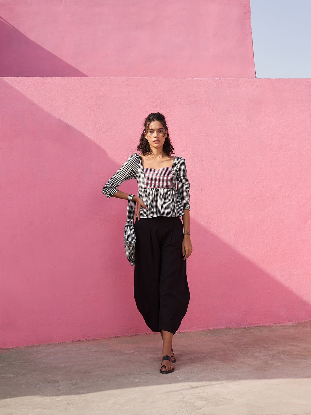 Peplum Top in Gingham Checks with Sweetheart Neckline