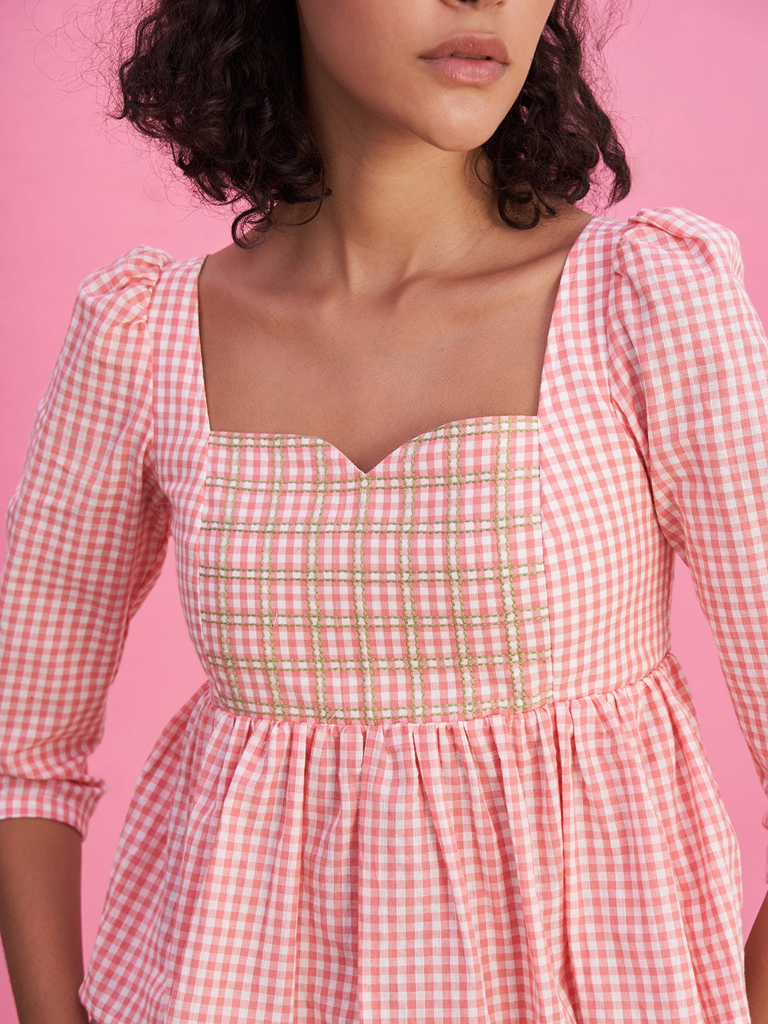 Peplum Top in Gingham Checks with Sweetheart Neckline