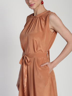 Belted Polycrepe dress with Neck detail