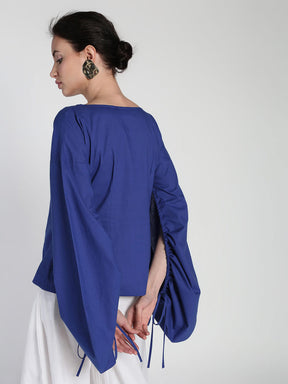 Tie up bouffant sleeves Cotton linen solid top