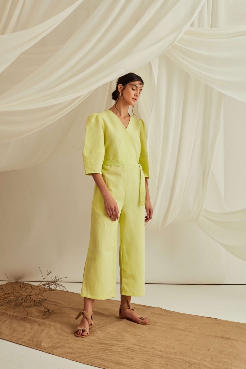 Overlapped neckline lantern sleeves belted jumpsuit -Lemon